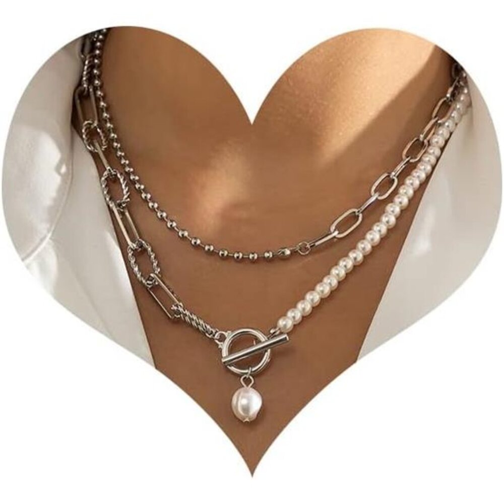 Dainty Silver Layered Baroque Pearl OT Clasp Necklace Stacking Beaded Trendy
